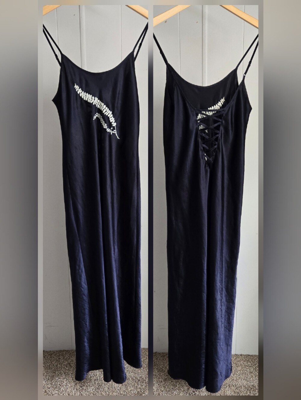 Vintage Blue Slip Maxi Dress with White Embroidery S